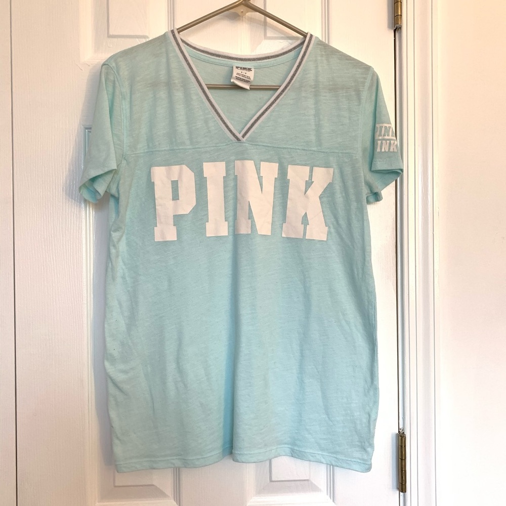 PINK Light Blue V-Neck Shirt With White Size S